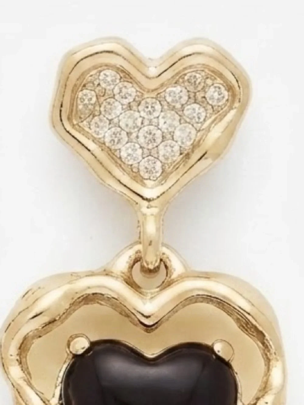 Gold Tone Heart Drop Earrings with Black Heart Center